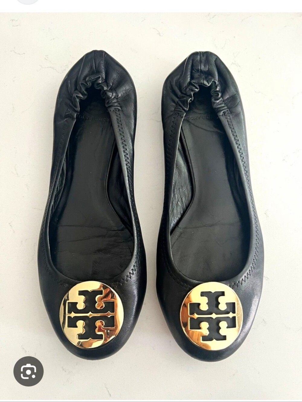 Tory Burch Black Leather Ballet Flats with Gold Logo Medallions Size 40 /9.5/10